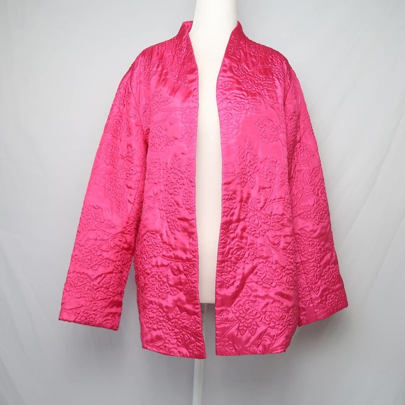 Vintage Liz Baker hot pink satin floral quilt embroidered jacket Large - Picture 3 of 6